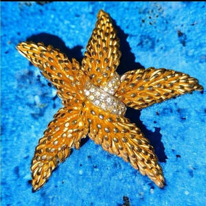Vintage Starfish Star Nubby Rhinestone Gold Tone Brooch